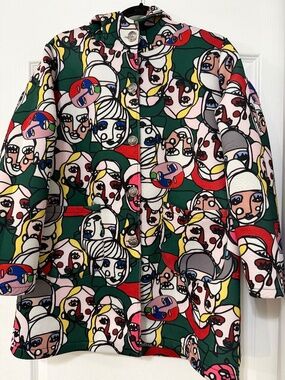 KOKER Spain Abstract Face Print Hooded Coat Jacket Multicolor Limited Ed Size L